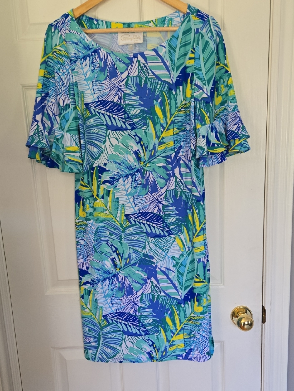 Pappagallo  Teal, Blue & Yellow Tropical Print Shift  Dress Size M